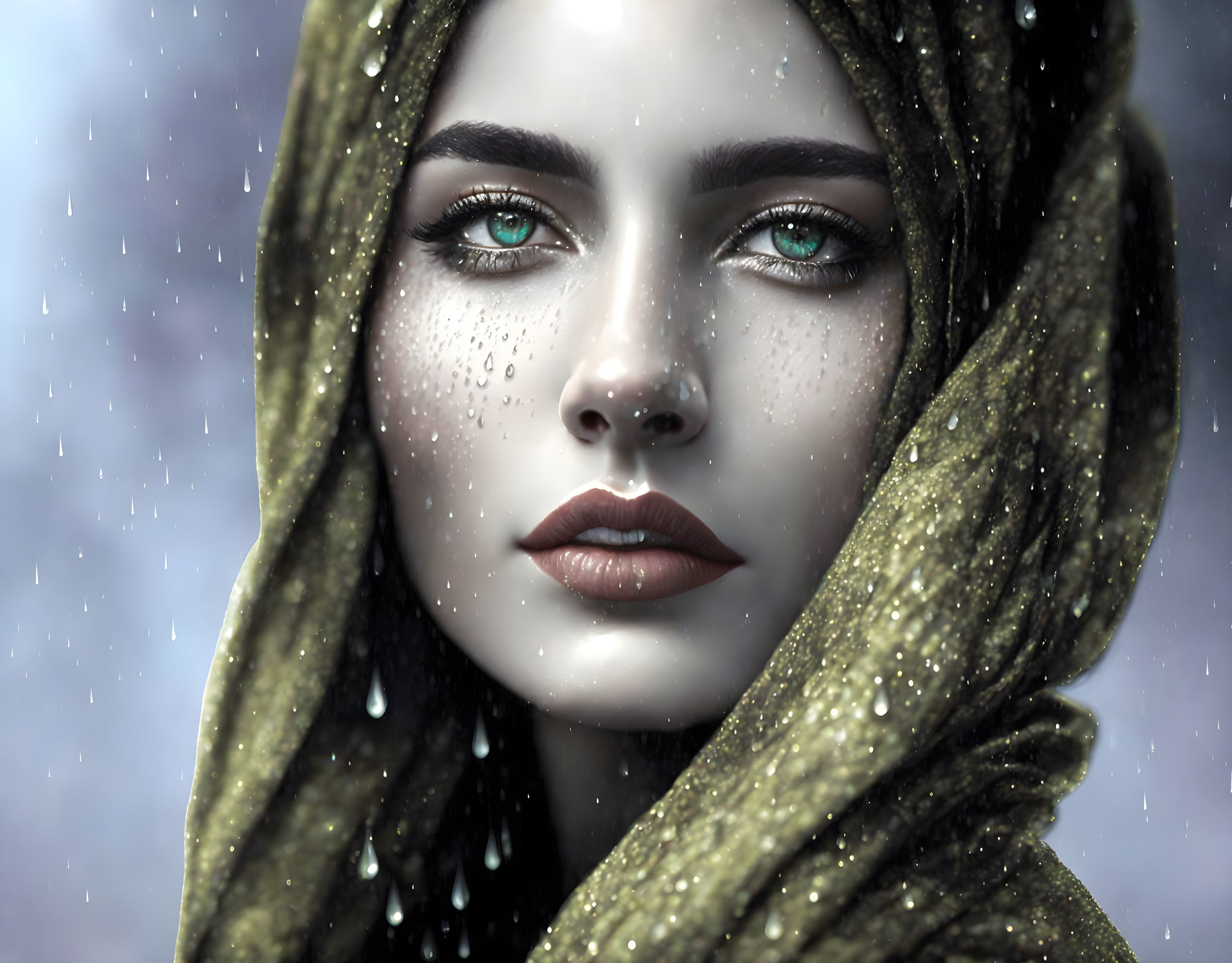 Person with piercing green eyes in starry green shawl with water droplets, snowfall backdrop