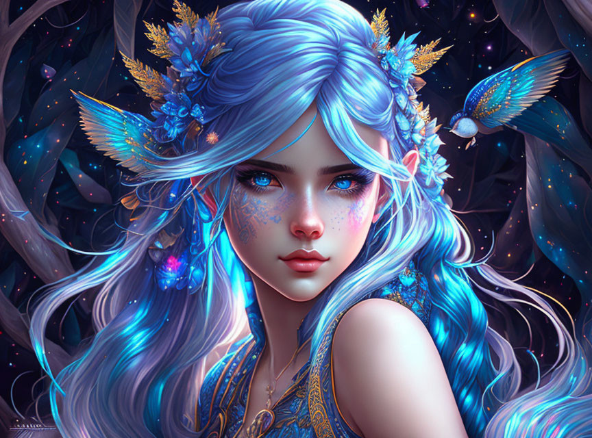 Vibrant blue-haired female character with golden floral accessories in fantasy setting.