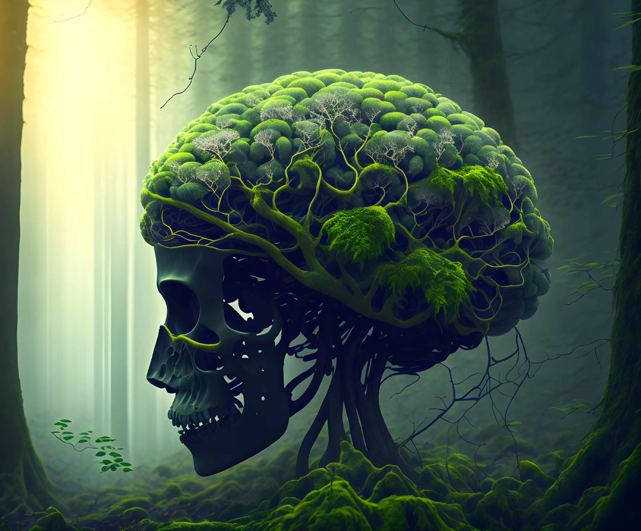 Surreal human skull with tree brain in mossy forest landscape