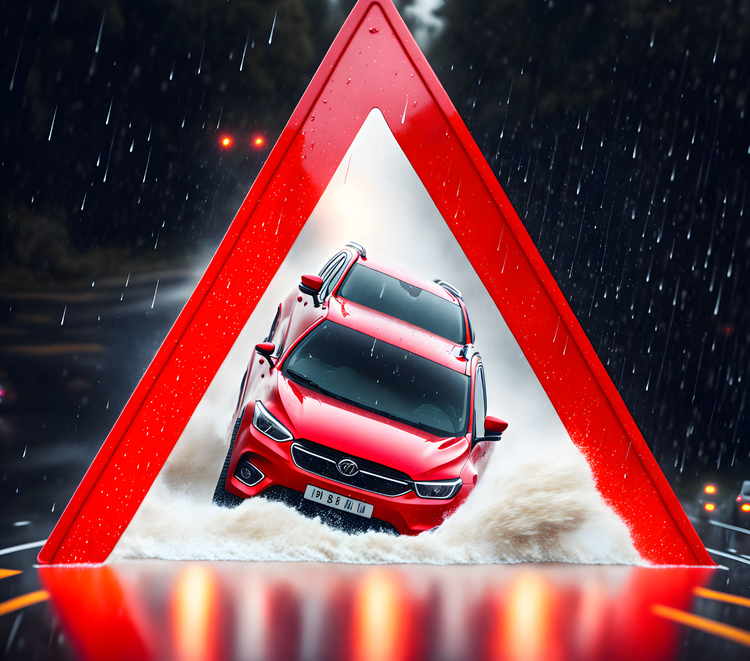 Red Car Splashing Through Water on Wet Road with Warning Triangle