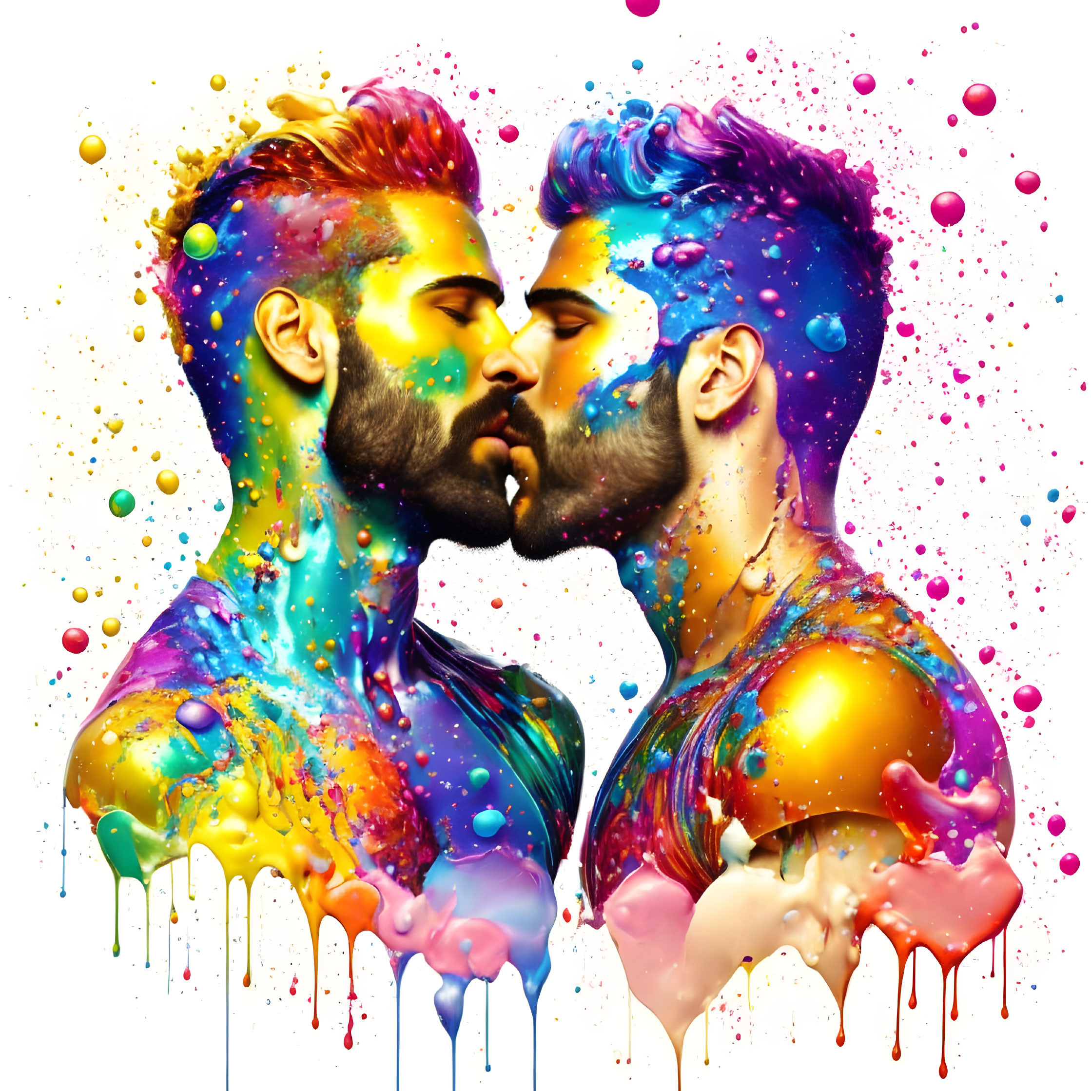 Vibrant men with colorful paint on skin and beards touching foreheads.