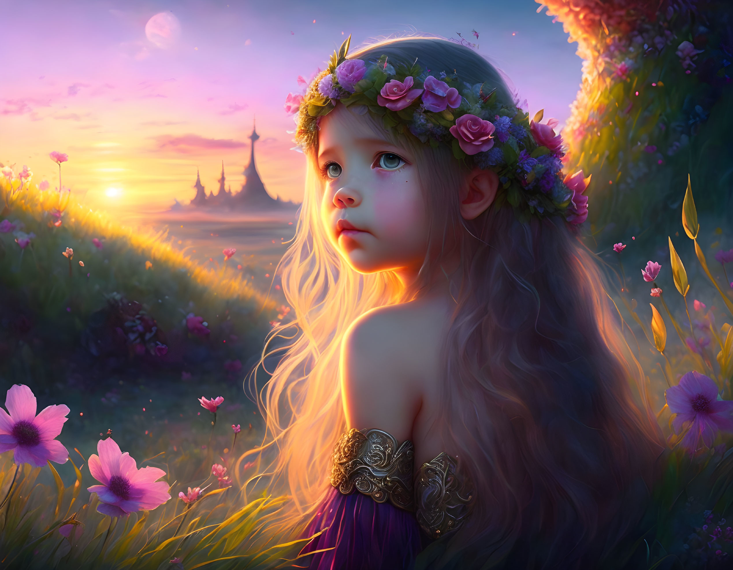 Young girl in floral crown gazes at sunset with flowers and castle silhouette