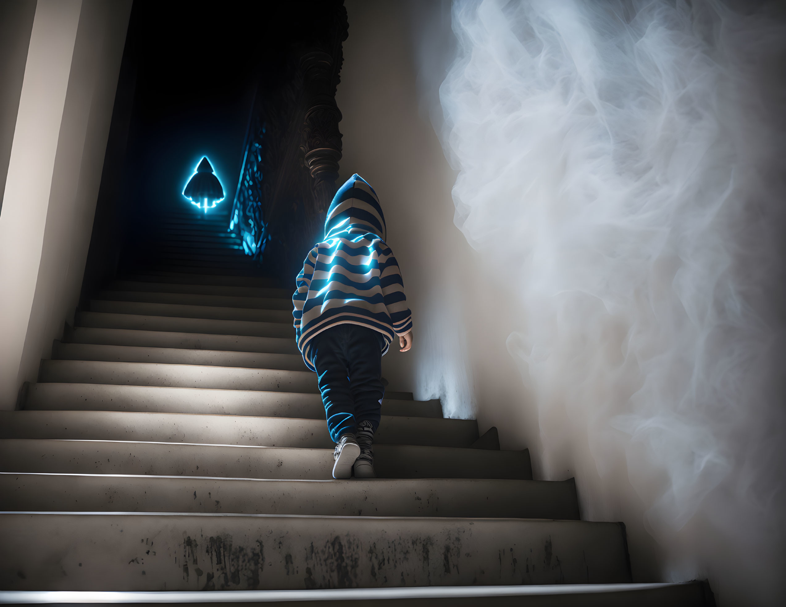 Child in Striped Hoodie Climbs Dark Staircase to Blue Neon Triangle