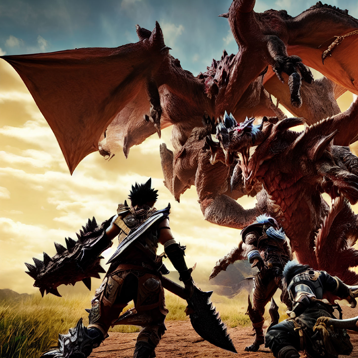 Armored warriors face giant dragon under dramatic sky