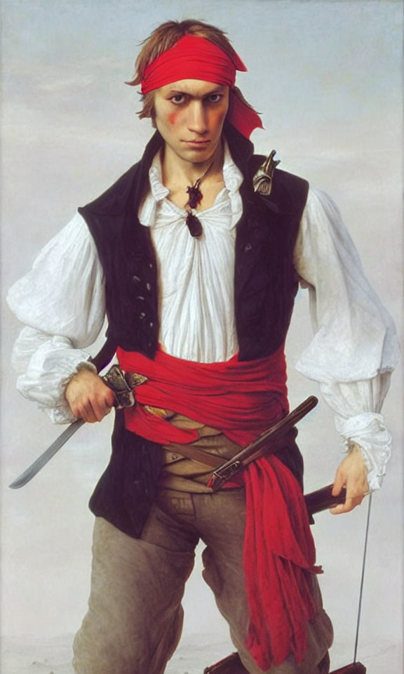 Portrait of a pirate with red headband, white shirt, black vest, red sash, and