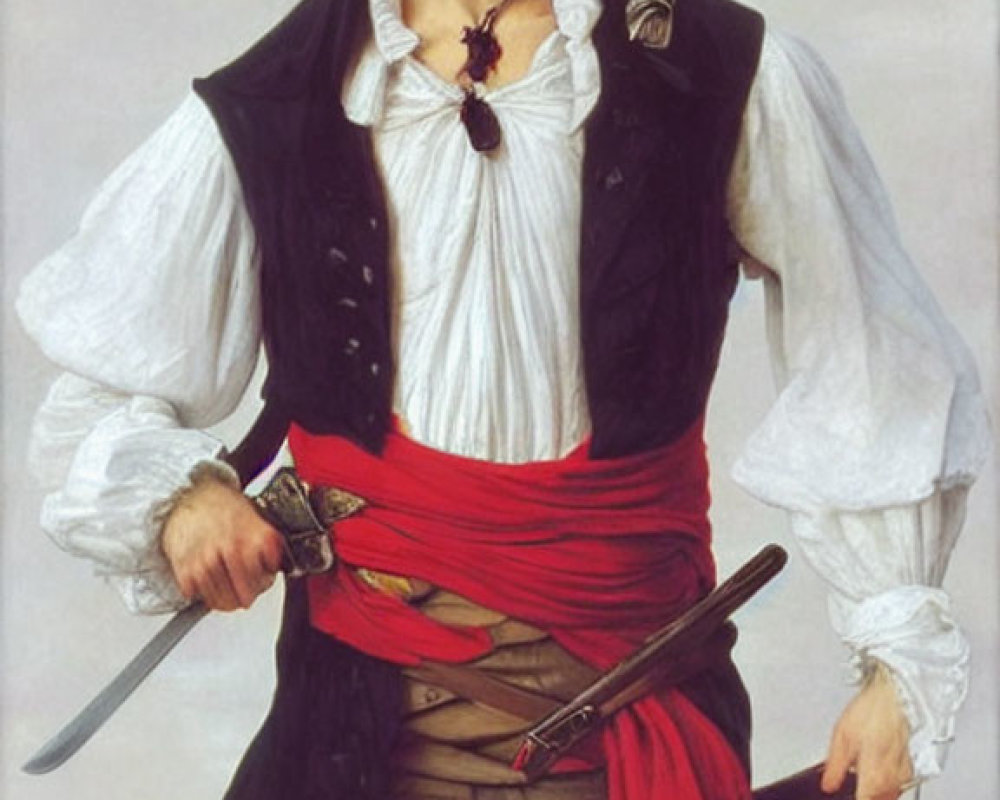 Portrait of a pirate with red headband, white shirt, black vest, red sash, and