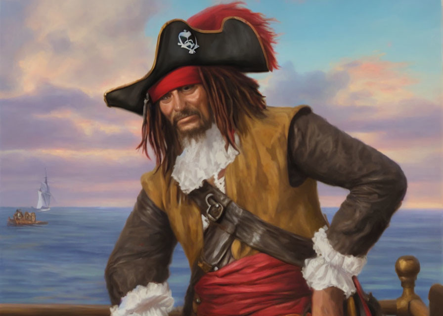 Pirate with Tricorne Hat and Ship Illustration