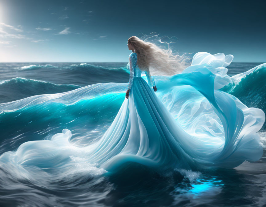 Woman in Blue Gown Blending with Ocean Waves