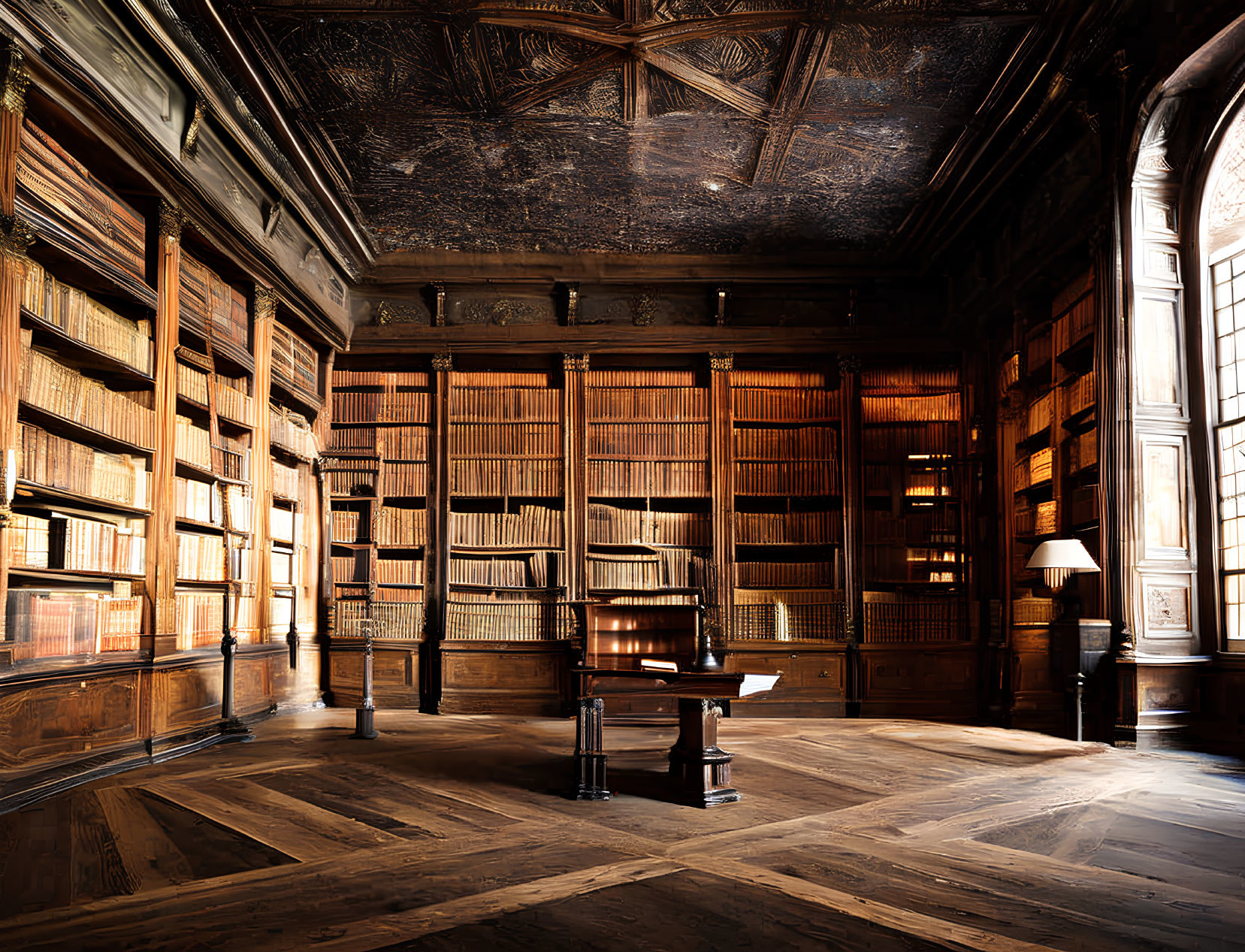 Classic Library with Tall Bookshelves & Parquet Floor