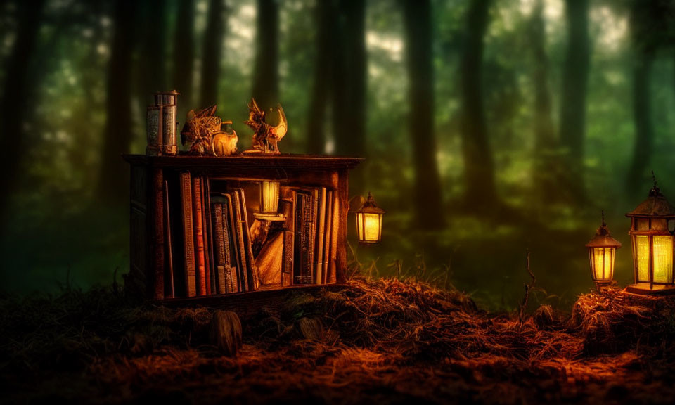 Enchanting bookshelf in mystical forest at dusk