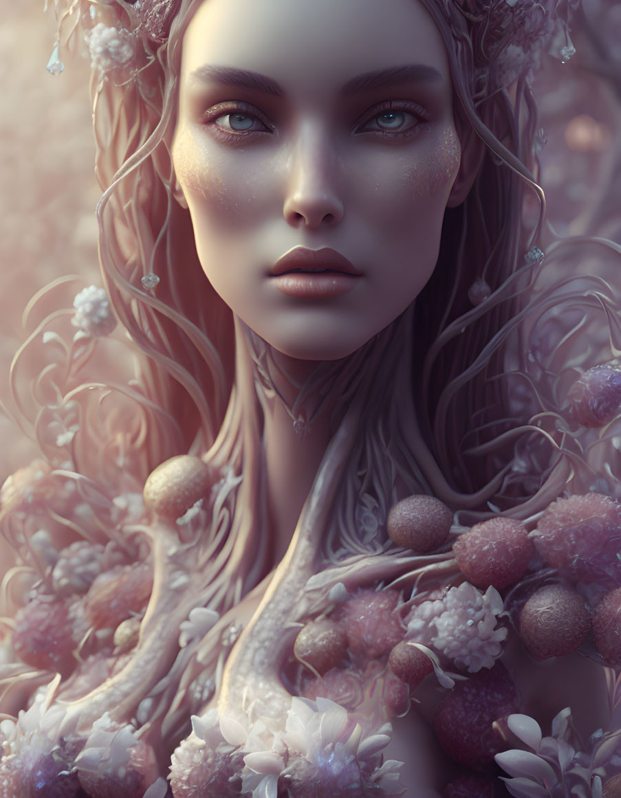 Fantasy portrait: Woman with floral and botanical elements in hair and shoulders, mystical ambiance