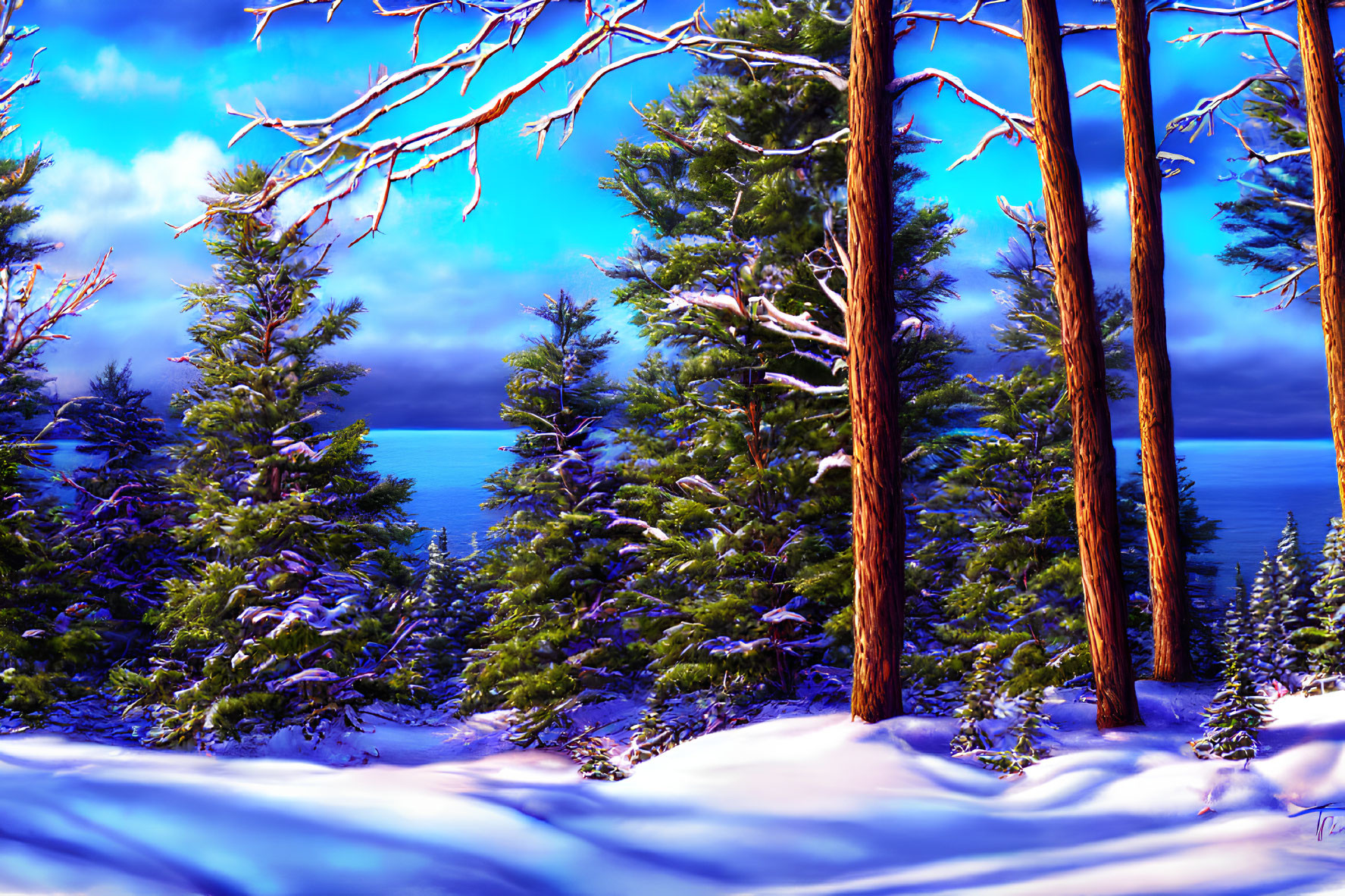 Snow-covered pine trees in serene winter landscape by tranquil blue sea