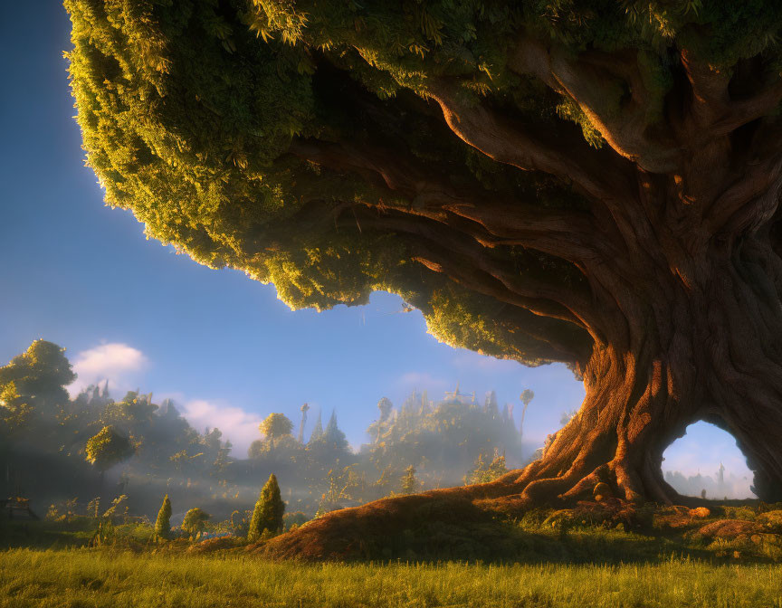 Ancient Giant Tree with Hollow Trunk in Mystical Forest