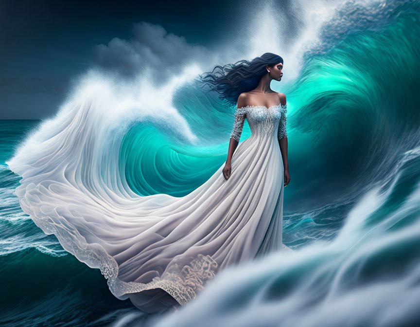 Woman in white dress against surreal stormy waves backdrop