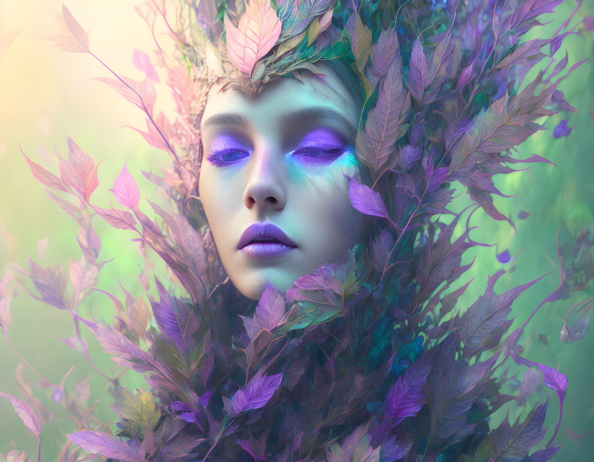 Person with purplish makeup in vibrant leafy collage