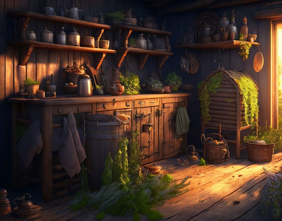 Rustic kitchen with wooden furniture, pottery shelves, herbs, and warm glow