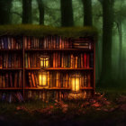 Enchanting bookshelf in mystical forest at dusk