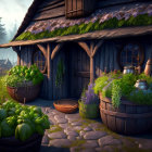 Rustic wooden cottage with thatched roof, pots, plants, and barrels in twilight landscape