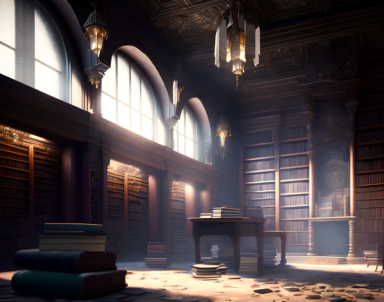 Sunlit Library with Tall Windows and Book-lined Walls