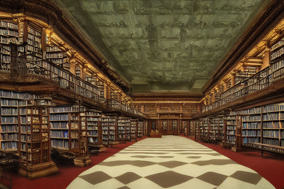 Ornate library with wood paneling, frescoes, book-lined shelves, and patterned carpet