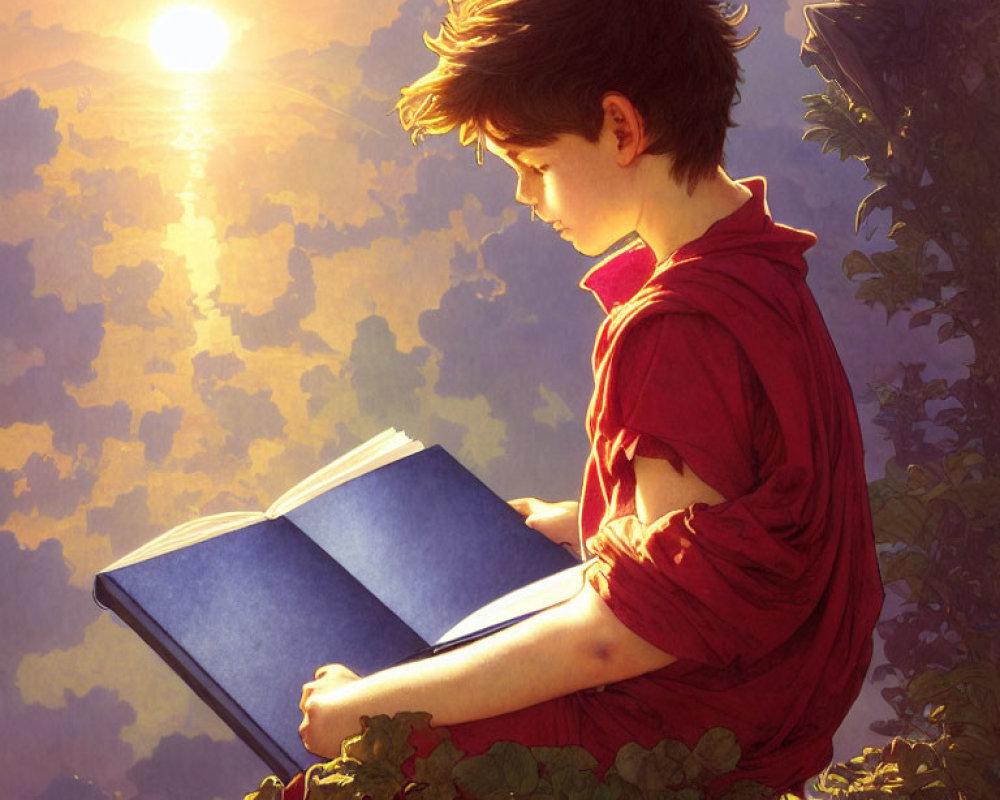 Young boy reading book in sunlight with statues and foliage in background