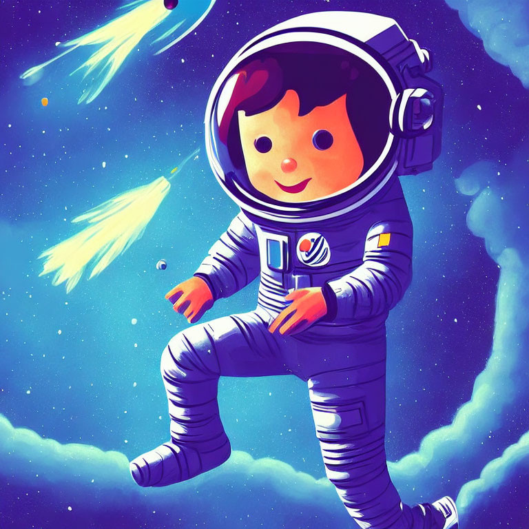 Cartoon astronaut with oversized head in space with comets