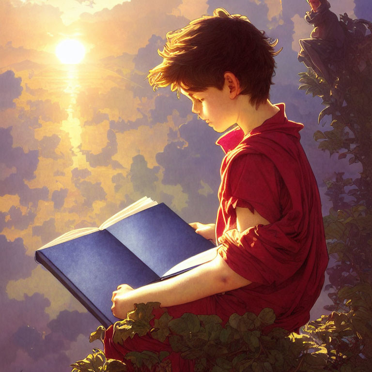 Young boy reading book in sunlight with statues and foliage in background