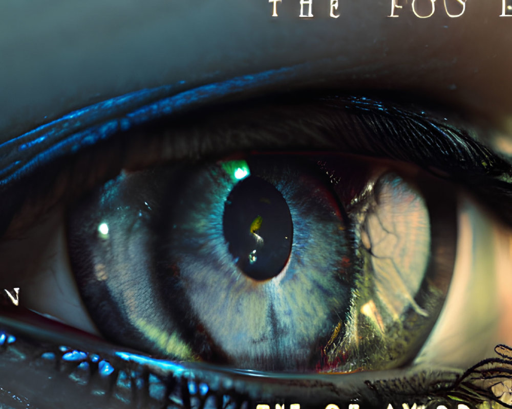 Detailed Close-Up of Human Eye with Iris and Reflections Covered by Text Overlay