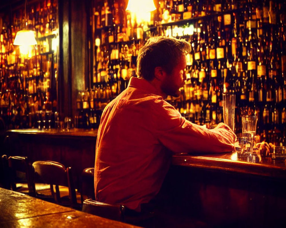 Man in contemplative pose at dimly lit bar with bottles in background