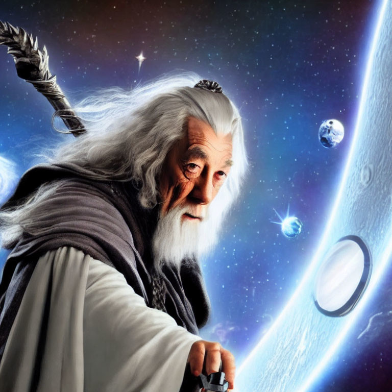 Elderly wizard with long beard holding sword in cosmic setting