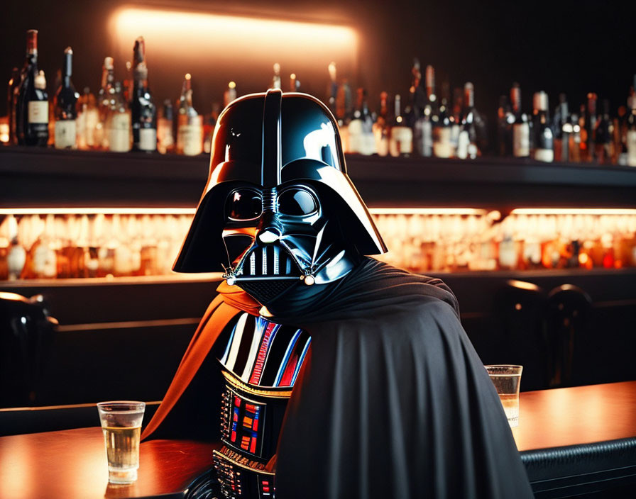 Person in Darth Vader costume at bar with illuminated liquor bottles.