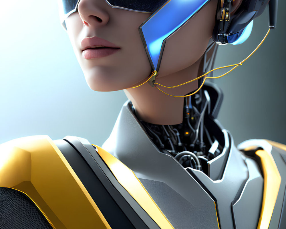 Futuristic female android with blue headgear and reflective glasses