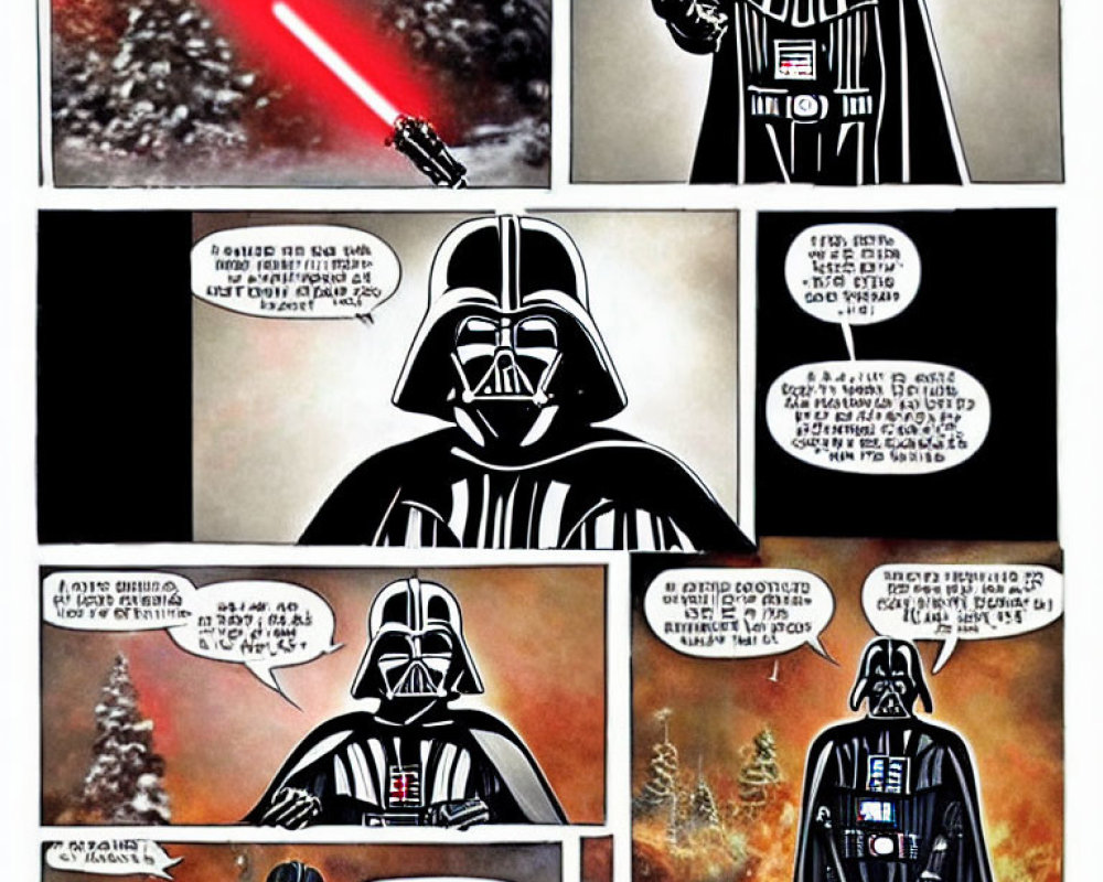 Sci-fi Comic Strip: Darth Vader in Various Panels with Speech Bubbles, Space & Forest Backdrops