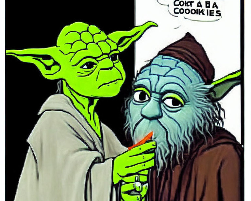 Illustration of characters resembling Yoda with cookie & humorous text corner