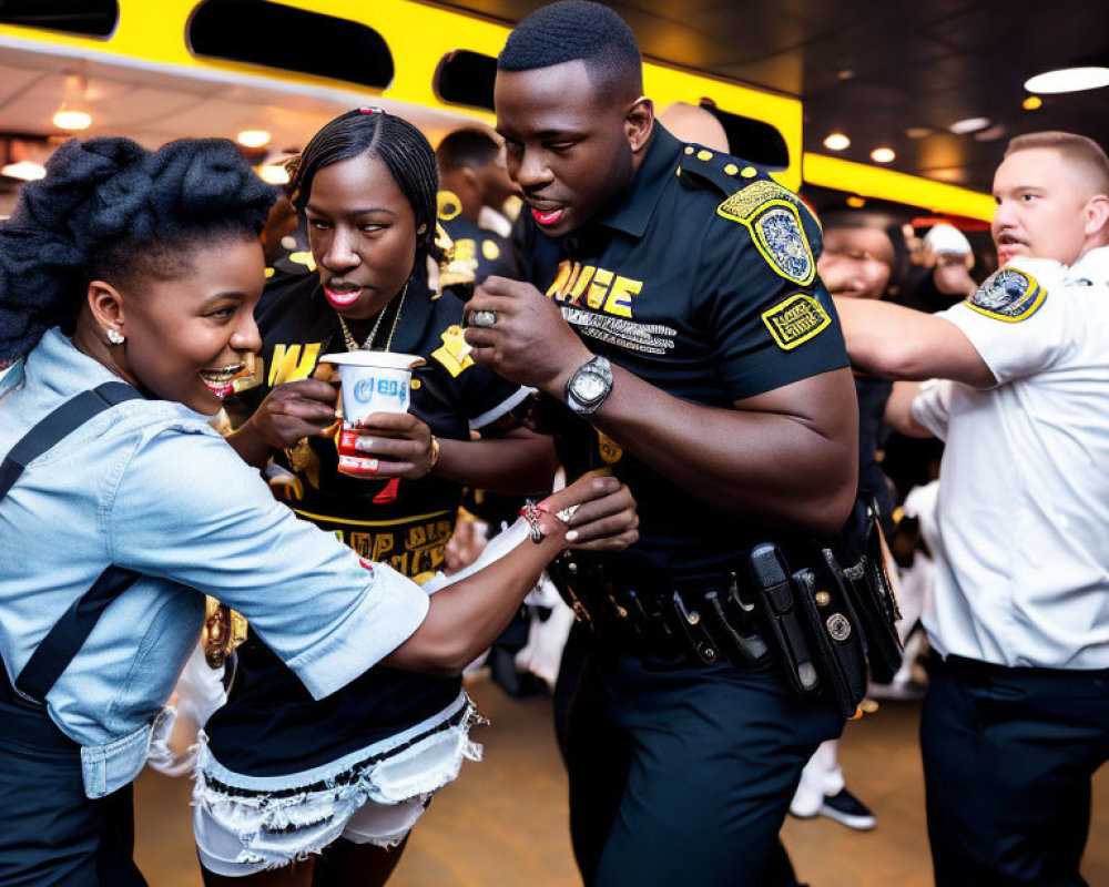 Police officers dancing with young women in crowded place.