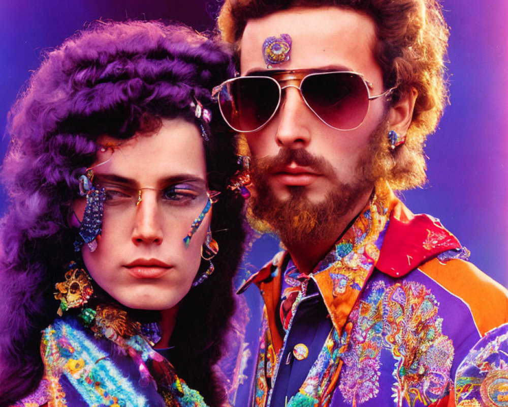 Two People in Retro Fashion Styles with Vibrant Colors and Bold Makeup