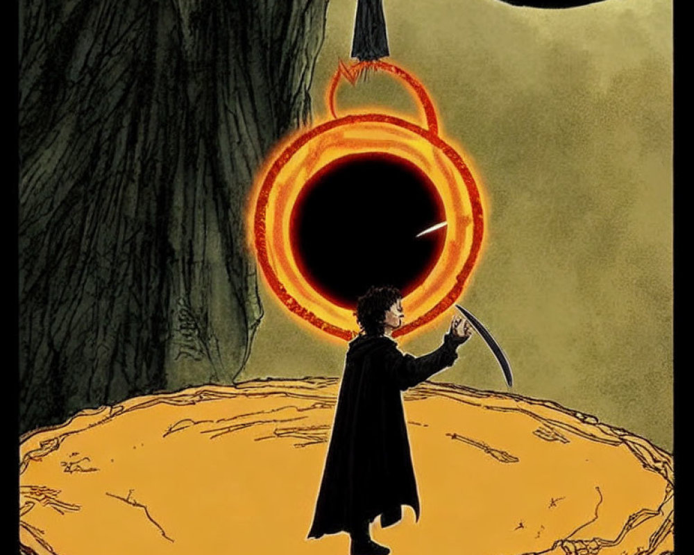 Character standing in front of portal with ominous figure in moonlit scene