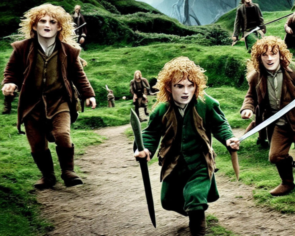 Four fantasy characters styled as hobbits with one holding a sword, running in grassy landscape