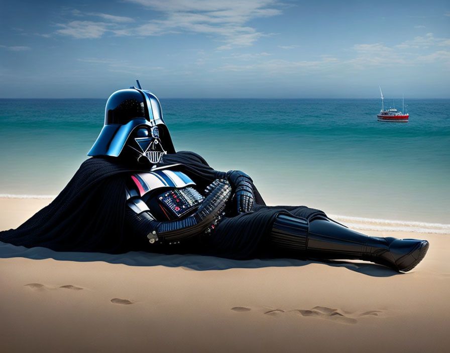 Person in Darth Vader costume on sandy beach with blue sky and red sailboat