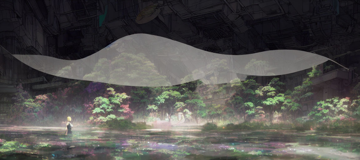 Surreal landscape with lush forest, figures, and reflective waters