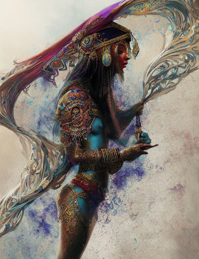 Illustrated Female Figure with Ornate Jewelry and Mystical Staff