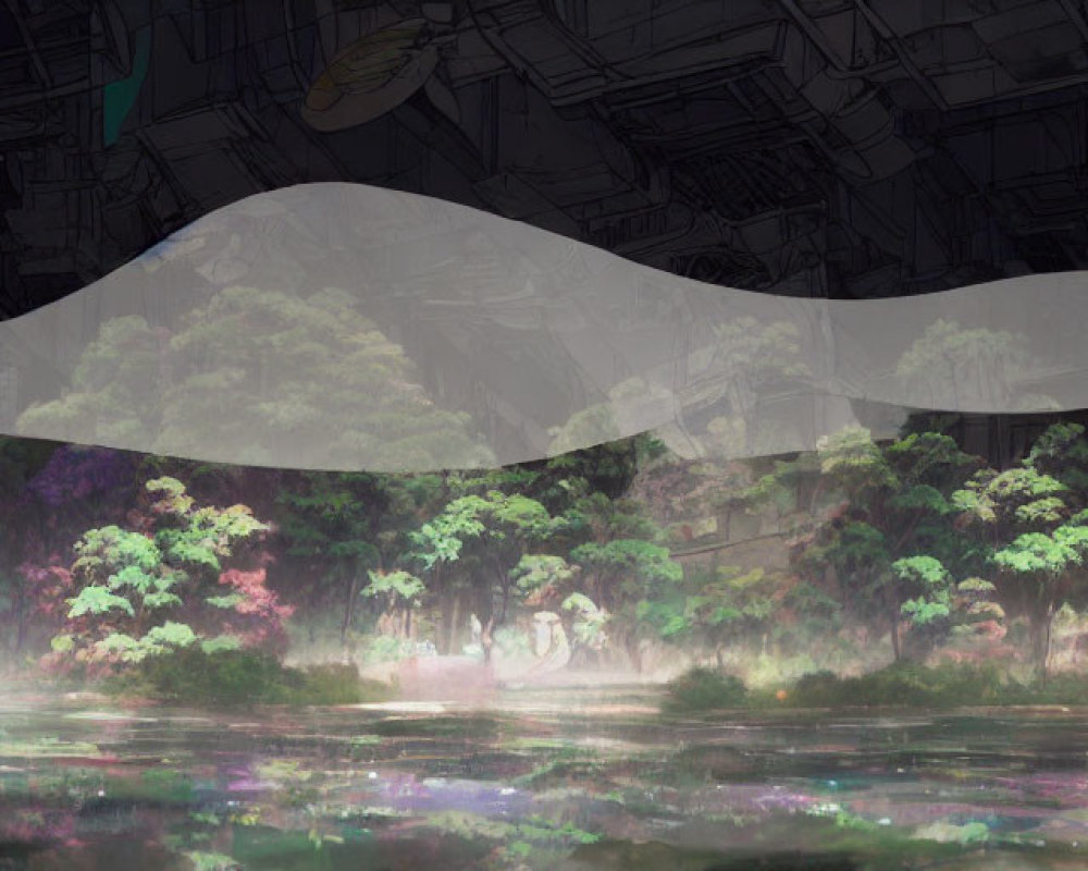 Surreal landscape with lush forest, figures, and reflective waters