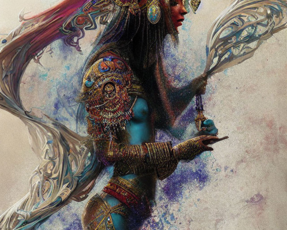 Illustrated Female Figure with Ornate Jewelry and Mystical Staff