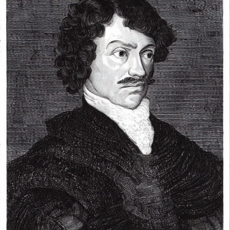 Engraved black and white portrait of a 17th-century man with curly hair, mustache