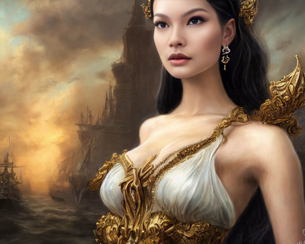 Dark-haired woman in gold-trimmed dress amidst fantastical harbor scene.