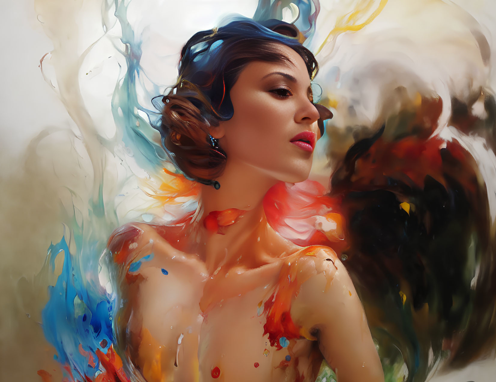 Serene woman surrounded by swirling paint colors