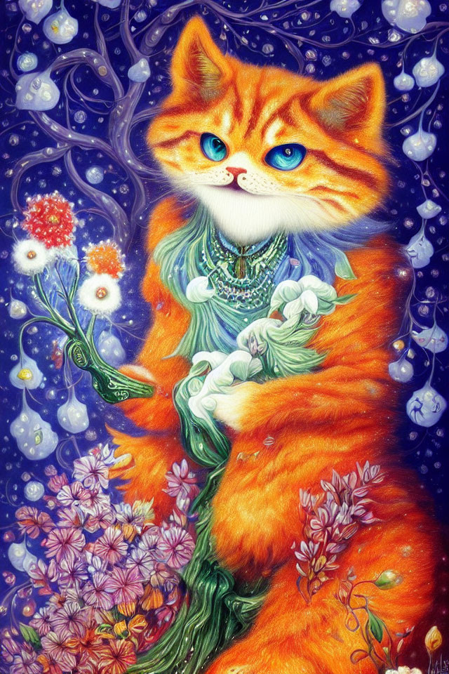 Anthropomorphic orange cat with blue eyes holding bouquet on whimsical purple background.