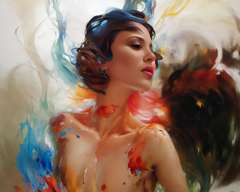 Serene woman surrounded by swirling paint colors