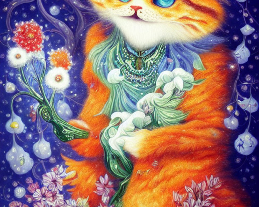 Anthropomorphic orange cat with blue eyes holding bouquet on whimsical purple background.