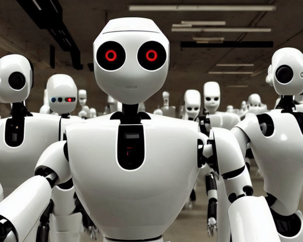 White humanoid robots with glowing red eyes in dimly lit room